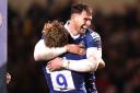 HAPPY: Sale Sharks’ Tom Roebuck, right, celebrates scoring his side’s third try with team-mate Gus Warr. Picture by Tim Goode/PA Wire