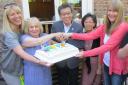 L-r: Nursery owner Alice Apel, longest serving staff member Joan Grant, High Sheriff Kui Man Gerry Young OBE DL, and his wife Joanne, and staff member Clare Payne
