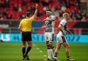 BLOW: Referee Frank Murphy shows Sale’s Aaron Reed, centre, a red card for a dangerous tackle at Bristol. Picture by David Davies/PA Wire