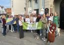 Members of the Social Lites WI outside the Lord Nelson pub in Urmston about start their knitted poo protest