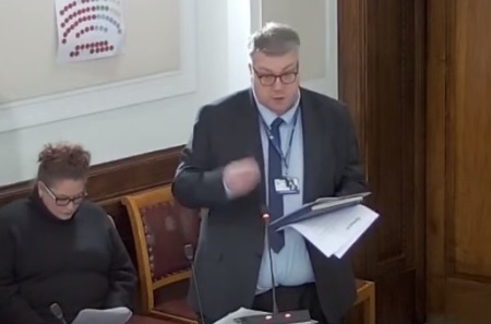James Cash delivers his speech to Trafford\s full council meeting