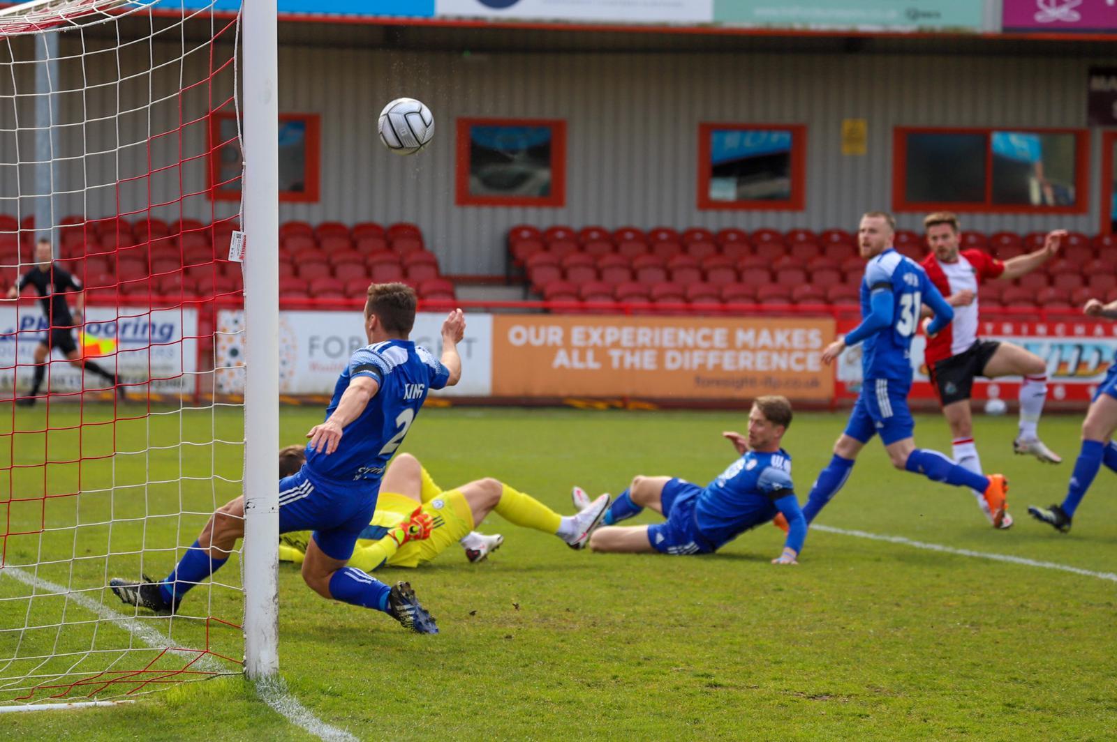 Josh Hancock goes for goal against Halifax. Picture: Jonathan Moore