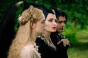 Elle Fanning as Princess Aurora, Angelina Jolie as Maleficent and Sam Riley as Diaval