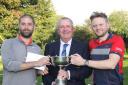 Terry Crewe presents the WGTB Trophy to Jon Arcaini and Mike Keane Williams