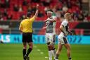 BLOW: Referee Frank Murphy shows Sale’s Aaron Reed, centre, a red card for a dangerous tackle at Bristol. Picture by David Davies/PA Wire