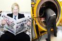 Boris Johnson visiting the Lancashire Telegraph offices, left, and examining machinery, right