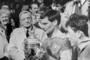 Dai Phillips lifts the Montgomeryshire Cup in 1962.
