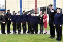 Commander Bernard Thompson, Naval Regional Command North East, Chief of Staff, with Royal Naval cadet Natasha Radford and fellow cadets and dignitaries at CCF opening ceremony at St. Antony's Catholic College