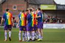 Altrincham players celebrate their goal against Bradford (Park Avenue). Pictures by Michael Ripley Photography