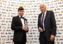 Chris Conn-Clarke, left, with his prize at The Non-League Paper National Game Awards 2024