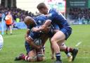 JOY: Sale Sharks' Jono Ross (centre) celebrates scoring his side's fourth try of the game