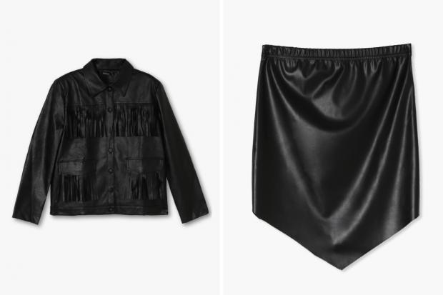 Messenger Newspapers: (Left) Fringe Faux Leather Jacket and (right) Pointed Hem PU Mini Skirt in black (Boohoo/Canva)