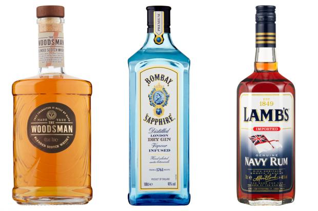 Messenger Newspapers: (Left) The Woodsman Blended Scotch Whisky, (middle) Bombay Sapphire London Gin and (right) Lamb’s Navy Rum (Morrisons/Canva)