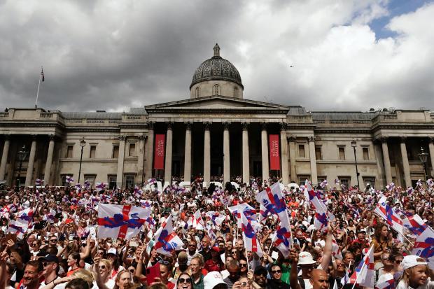 Messenger Newspapers: England fans during a fan celebration to commemorate England's historic UEFA Women's EURO 2022 triumph in Trafalgar Square. Credit: PA
