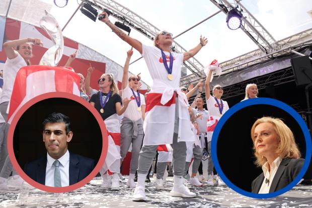( Background) England players sing Sweet Caroline on stage during a fan celebration to commemorate England's historic UEFA Women's EURO 2022 ( Circles) Rishi Sunak and Liz Truss. Credit: PA