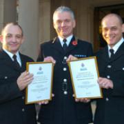 Pc Barry Cheetham and Pc Alan Whitten with Chief Constable Michael Todd