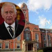 Trafford Town Hall and King Charles III, inset