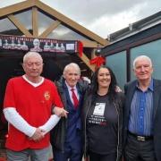 From left, Brian Mulholland (MMMF), Paddy Crerand, Jackie Cosgrave (Railway Club) and Alex Stepney