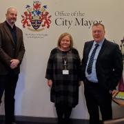 Terry Galloway, right, with councillors Jim Cammell, Salford's lead member for children's and young people's services and Teresa Pepper, the city's executive support member for education and learning