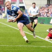 Sale Sharks' Arron Reed dives in to score his side's second try