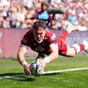 Sale Sharks' Tom Roebuck dives in to score his side's second try at Twickenham on Saturday