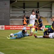 Regan Linney scores the opener at Fylde. Picture by Jonathan Moore
