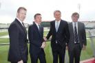 From left, Lancashire Cricket Club CEO Daniel Gidney, Trafford Council Leader Sean Anstee, Chancellor Philip Hammond and LCC chairman David Hodgkiss
