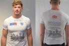 Sale FC Rugby’s Tom Ailes modelling the commemorative shirt in remembrance of World War One.