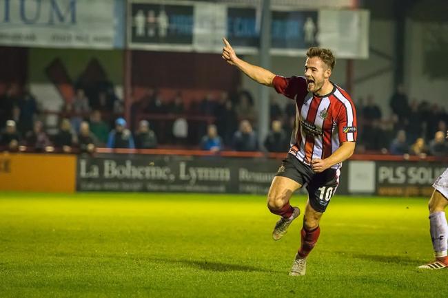 Altrincham's Josh Hancock celebrates his second goal against York City. Picture by Michael Ripley Photography