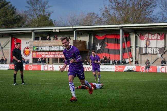 John Johnston celebrates his goal at FC United of Manchester. Picture by Michael Ripley Photography