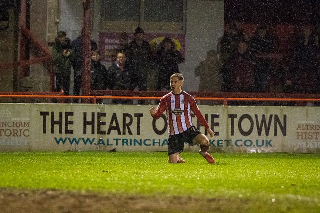 Altrincham's John Johnston celebrates his goal against Blyth Spartans. Picture by Michael Ripley Photography